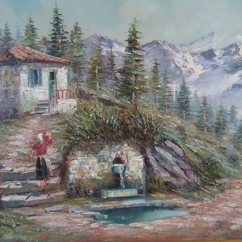 Oil painting Pigi in the village by G. Georgantas like new