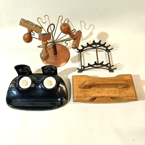 Desk set used with pen holder, stamp holder, inkwell and blotter