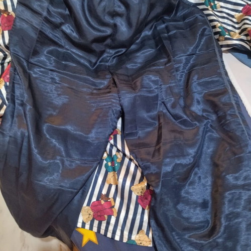 Satin pajamas used with fleece lining and patch on pants, size XL