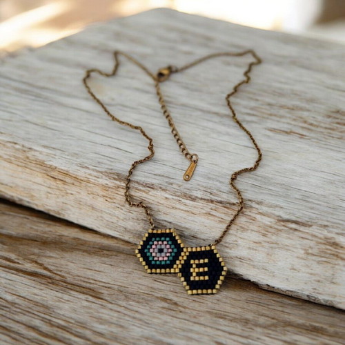 Steel monogram necklace with miyuki eye pendant made to order, black and gold