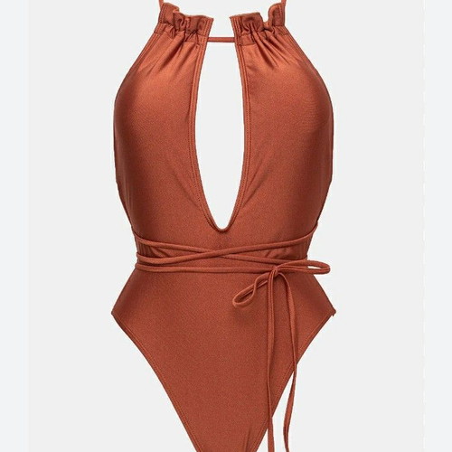 Glossy brown one-piece swimsuit