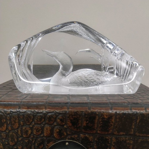MATS JONASSON glass art goose sculpture new, double-sided decorative plate