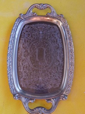 Silver-plated tray used with engraving, 33x20 cm, Japanese