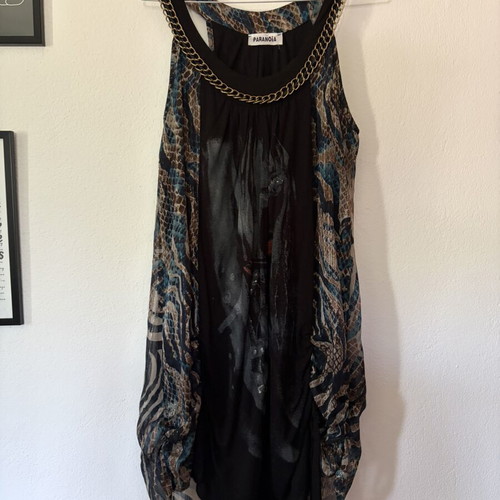 Paranoia mini dress size L like new, black with blue leopard print