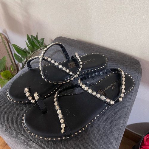 Flat sandals like new, black with studs, synthetic leather, size 38