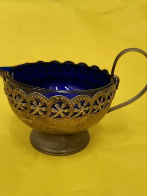 Vintage cobalt blue glass creamer with metal holder, like new