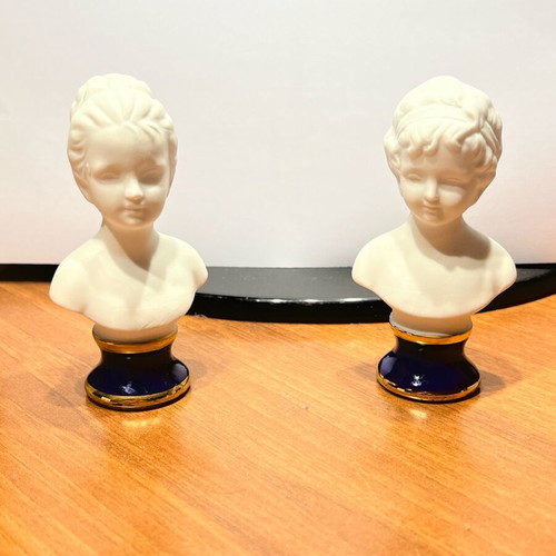 Vintage Victorian bust set boy and girl bisque porcelain with gold trim like new