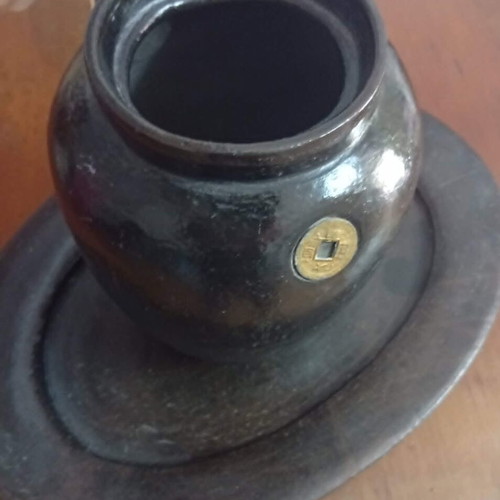 Handmade clay flowerpot with matching plate like new