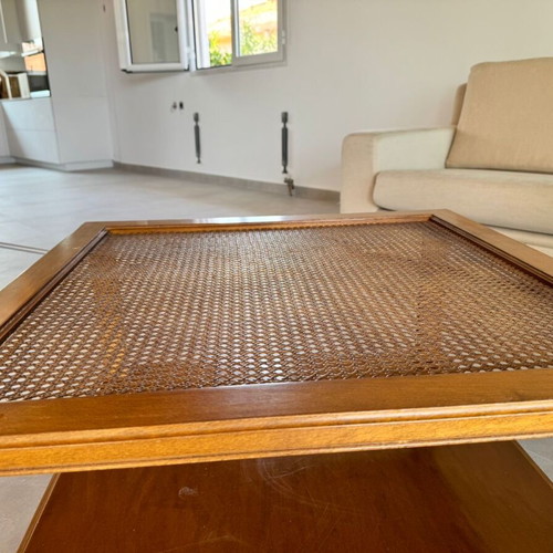Rattan table used, walnut and glass
