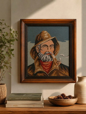 Vintage hand-stitched needlepoint The Old Fisherman used, nautical decor
