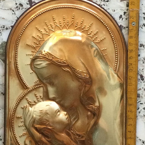 Madonna and Child embossed religious icon like new, gold and silver finish