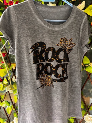 Women's short-sleeve shirt used, gray, size S with rock print