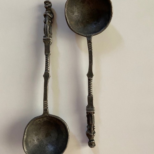 Antique spoons used, handmade pewter set of 2 pieces