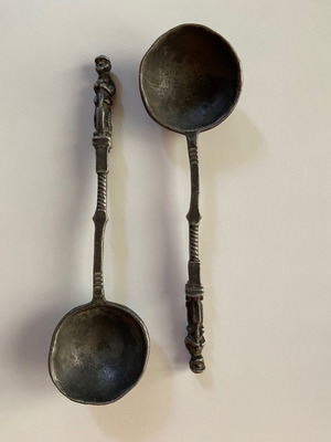 Antique spoons used, handmade pewter set of 2 pieces