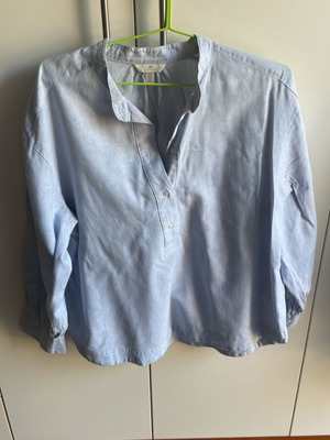Γαλάζιο λινό ριγέ πουκάμισο τουνίκ H&M M oversized με γιακά μαο