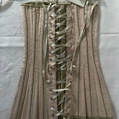 Corset bustier with laces and metal buttons new, green beige satin