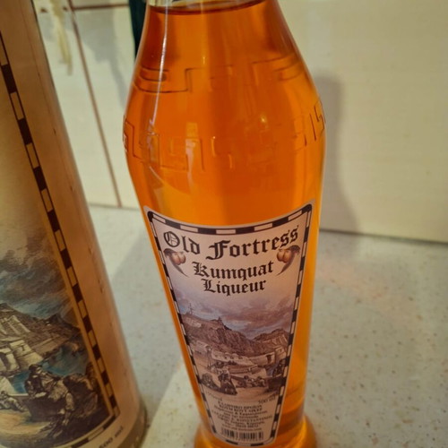 Old Fortress Kumquat Liqueur set from Corfu with large bottle and 3 miniatures