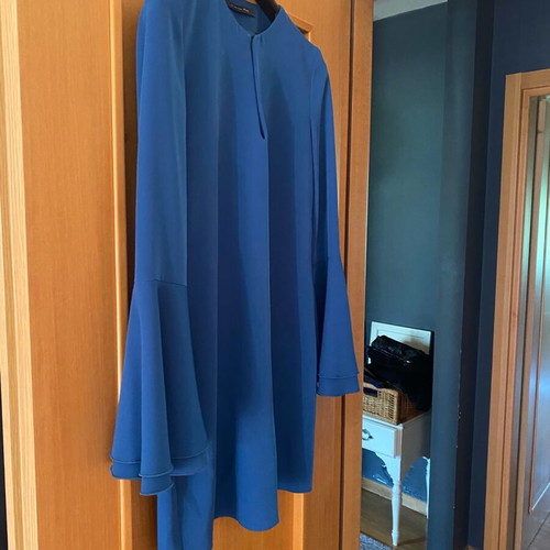 Tenax crepe dress like new, long sleeved with ruffles, petrol green