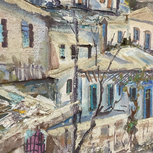 Relief oil painting by N. Papadopoulos in frame, like new, snowy landscape