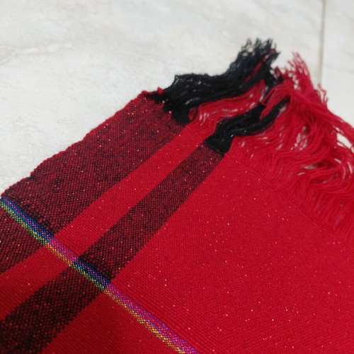 Traditional cotton fabric on loom, new, red with black stripes