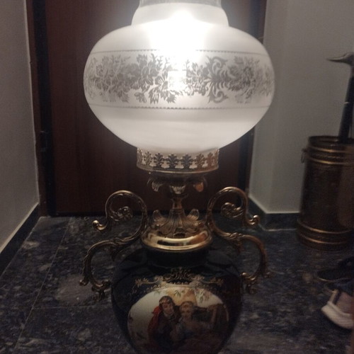 Vintage porcelain and bronze table lamp cobalt blue used
