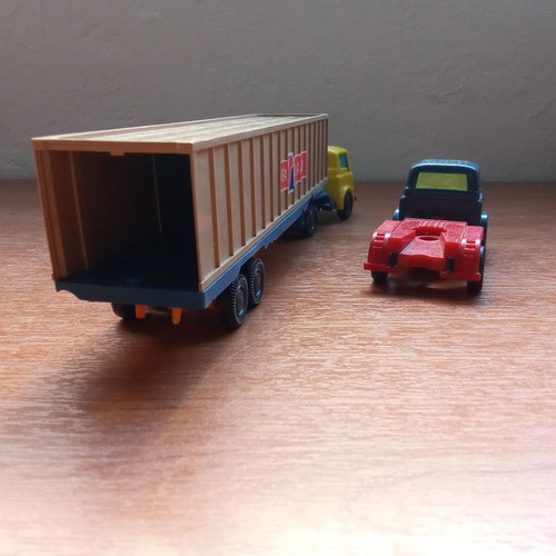 Joy Toy collectible plastic toy trucks used, pack of 2, 1980s