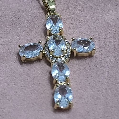 Elegant cross necklace with white stones in gold tone, new