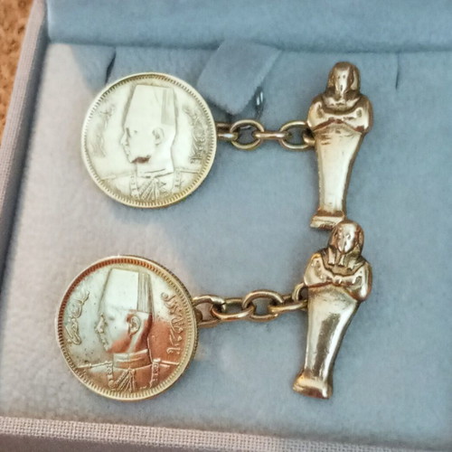 Cufflinks with Egyptian 2 Piastres 1937 Coin, silver 925, used