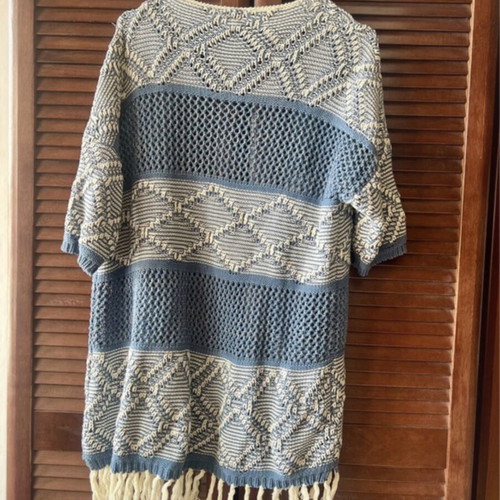 See U Soon Boho Knitted Kimono with Fringes One Size like new, blue and ecru