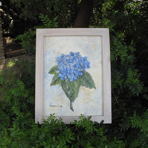 3D Artwork Blue Hortensia Painting on Canvas with Pinecone Flowers New