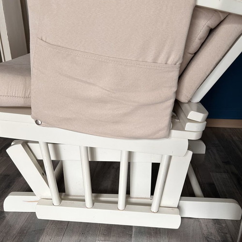 Rocking nursing chair like new, white wooden frame, beige fabric