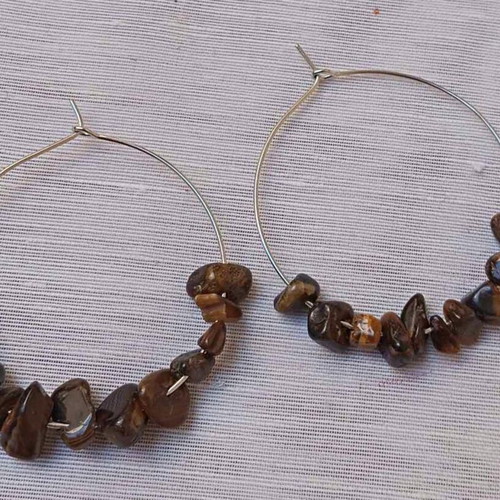 Tiger's Eye Stone Hoop Earrings new, beige and brown