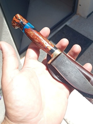 Damask knife new, pine handle with resin, made in Crete with sheath