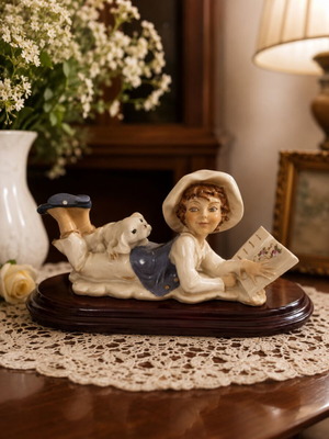 Vintage decorative figurine of child with dog, used, porcelain resin, 23cm