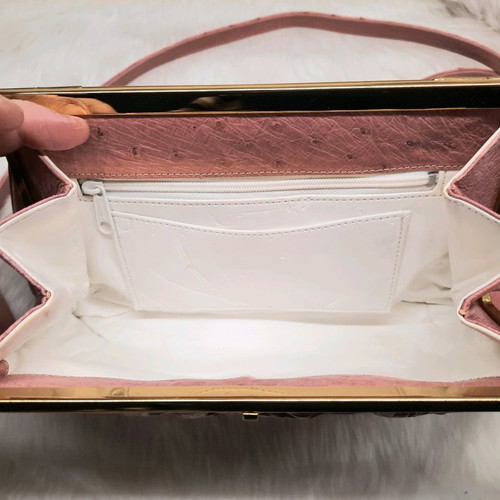 Vintage handbag made of genuine pink ostrich leather new