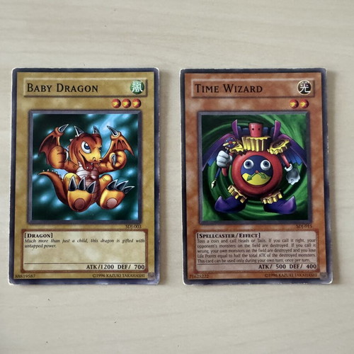 Baby Dragon and Time Wizard 1996 Yu-Gi-Oh! cards from SDJ Deck