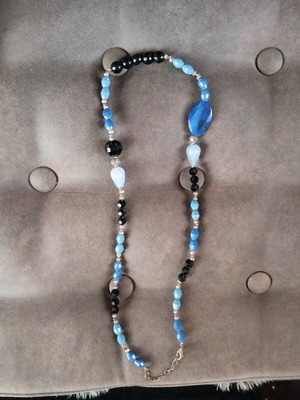 Long necklace like new with blue and light blue agate and black crystals