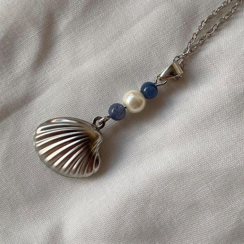 Steel necklace with shell, blue aventurine and pearls, made to order
