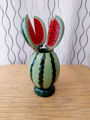 Vintage watermelon fork set used with wooden holder