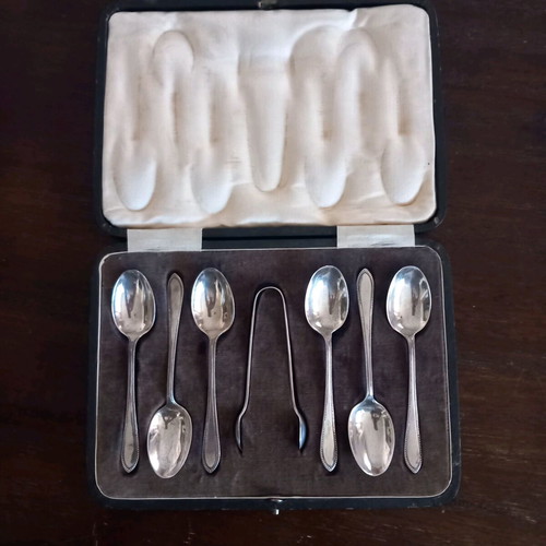 Silver teaspoons and sugar tongs antique set like new, English