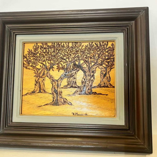Vintage pyrography wall art used, olive grove with artist signature 40x47