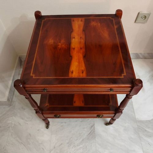 Pair of classic side tables with leather sliding shelf like new