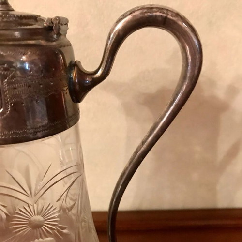 Vintage carafe used with engraved glass and silver-plated metal