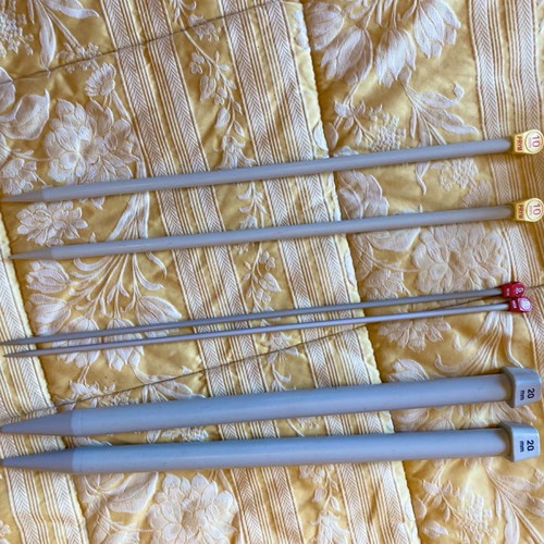 Knitting needles used, 3 sets sizes 5, 10 and 20