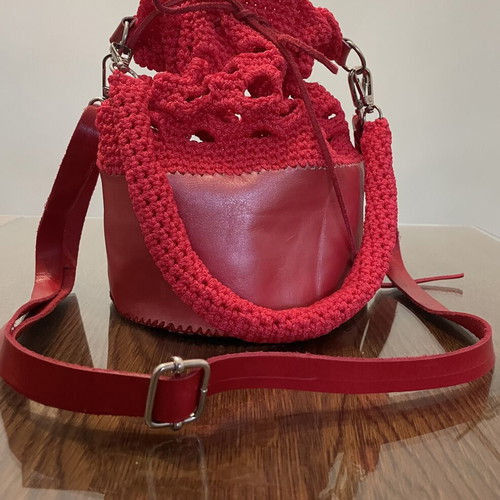 Handmade red leather and knitted pouch shoulder bag