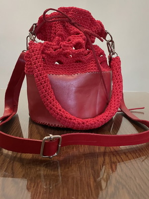 Handmade red leather and knitted pouch shoulder bag