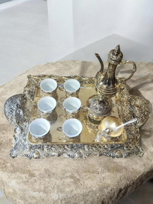 Silver Plated Vintage Coffee Set with Porcelain Cups and Accessories