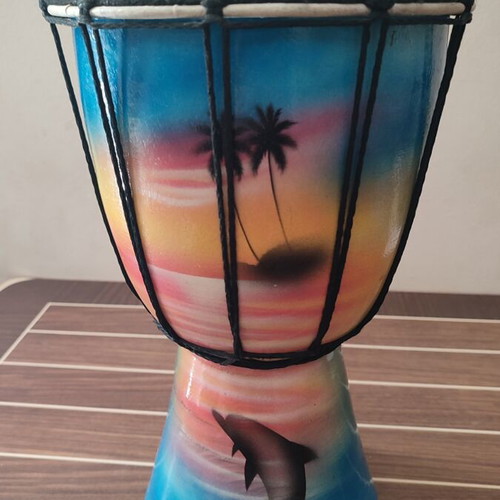 Wooden handmade djembe used, hand-painted tropical design 30x28 cm