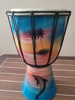 Wooden handmade djembe used, hand-painted tropical design 30x28 cm