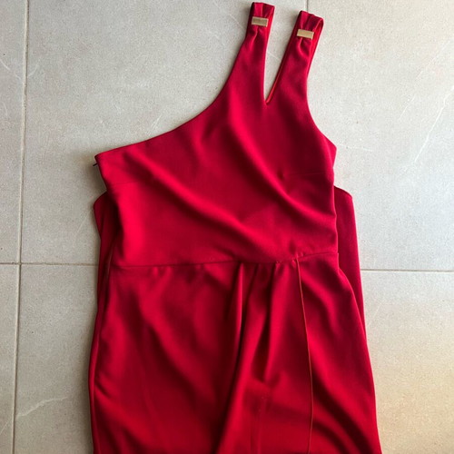 Lynne red dress like new, one shoulder with gold details